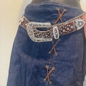 Y2K Western Belt Women's Brown Leather Bling cross charms Rhinestone Cowgirl 38”